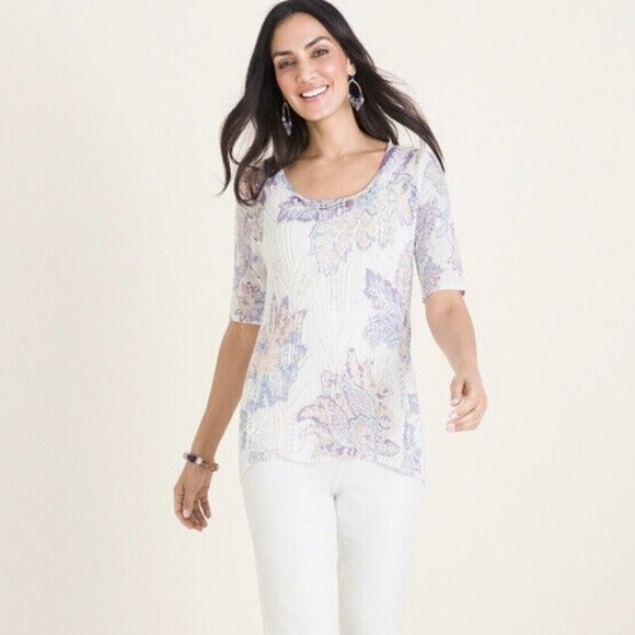 Chicos Women’s Size Large Floral Printed Pointelle-Stitch Open Knit Sweater - Picture 2 of 12